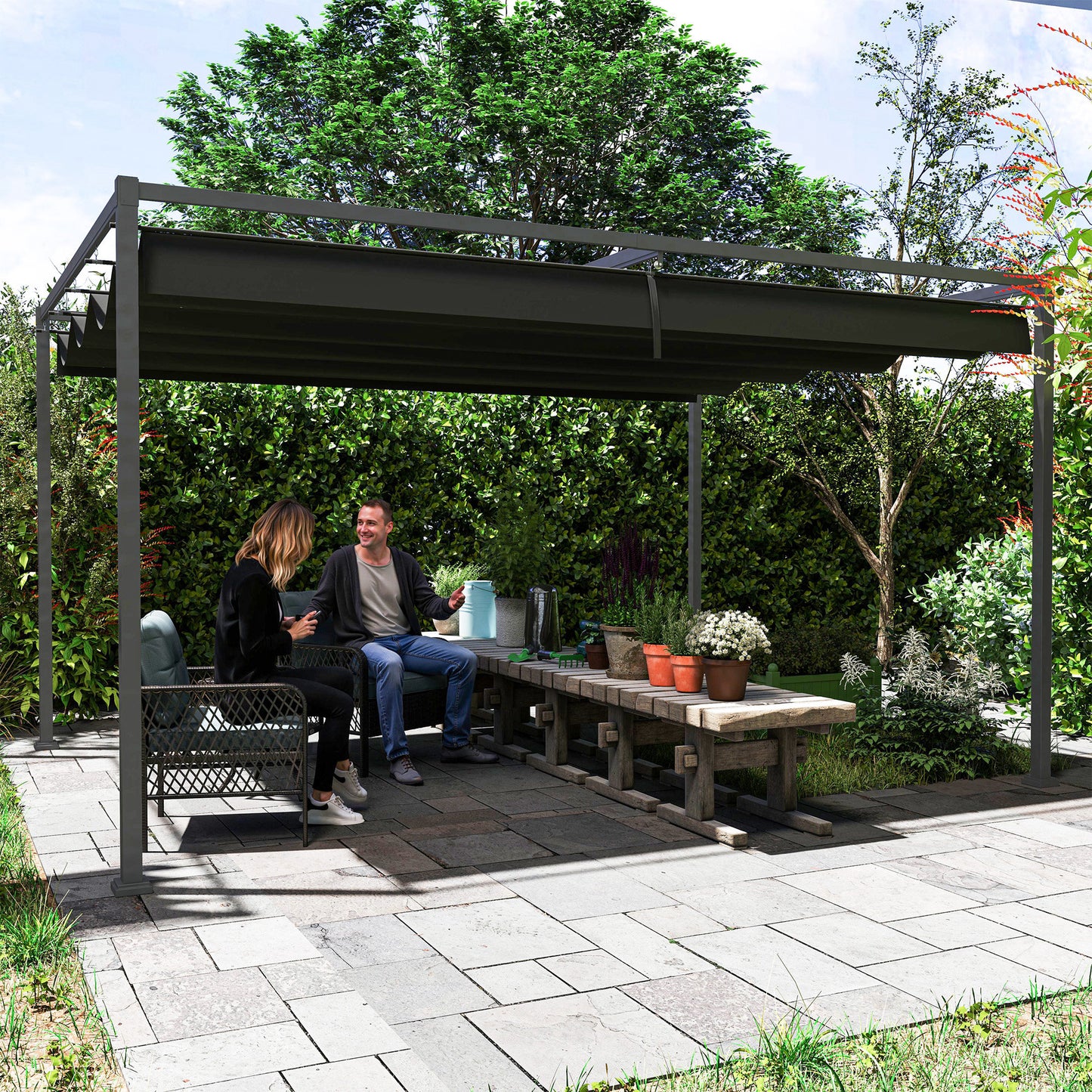 Outsunny 4m by 3m Metal Pergola Retractable Canopy Roof Black Garden Patio Shade