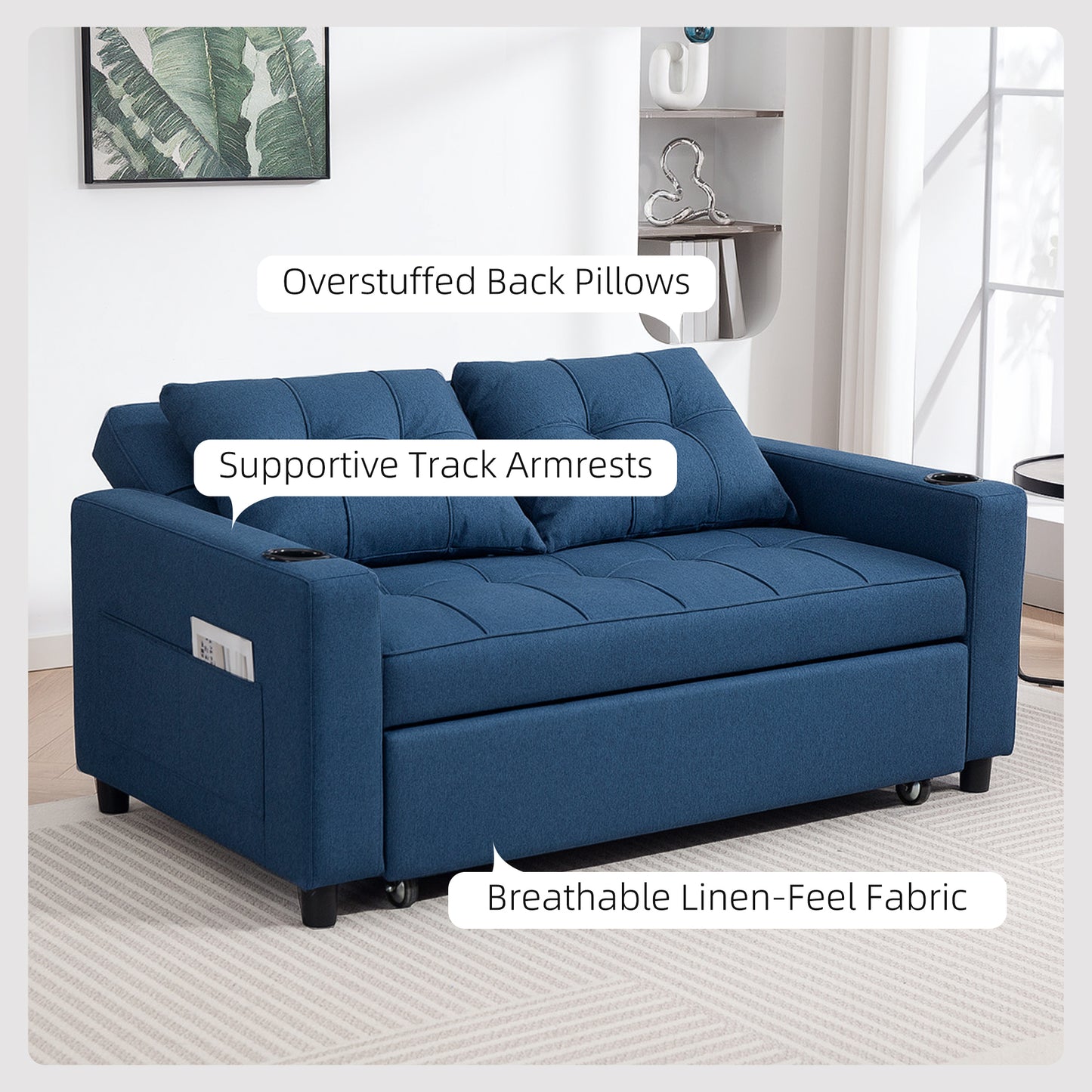 HOMCOM Quality Two Seater Pull Out Sofa Bed Dark Blue with Reclining Lounger and 157 by 190 cm Bed