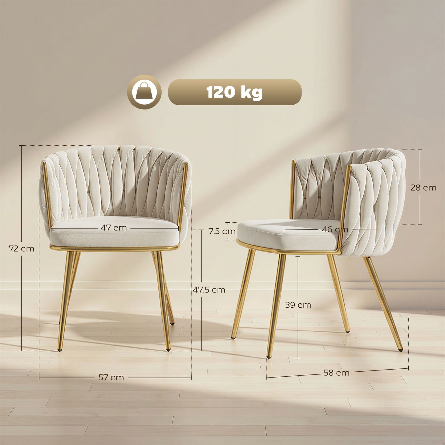 HOMCOM Velvet Feel Dining Chairs Set Of 2 With Knot Back And Gold Metal Legs Modern Upholstered Armchairs Cream