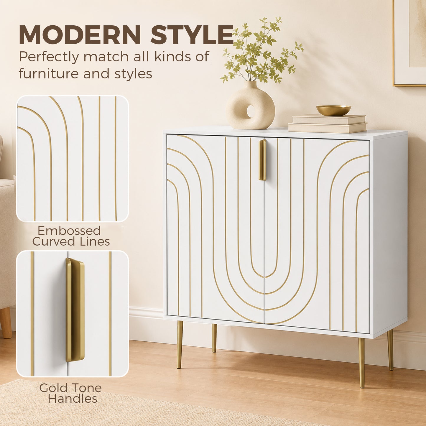 HOMCOM Modern Kitchen Cupboard With 2 Doors And Adjustable Shelf White Storage Cabinet With Metal Legs