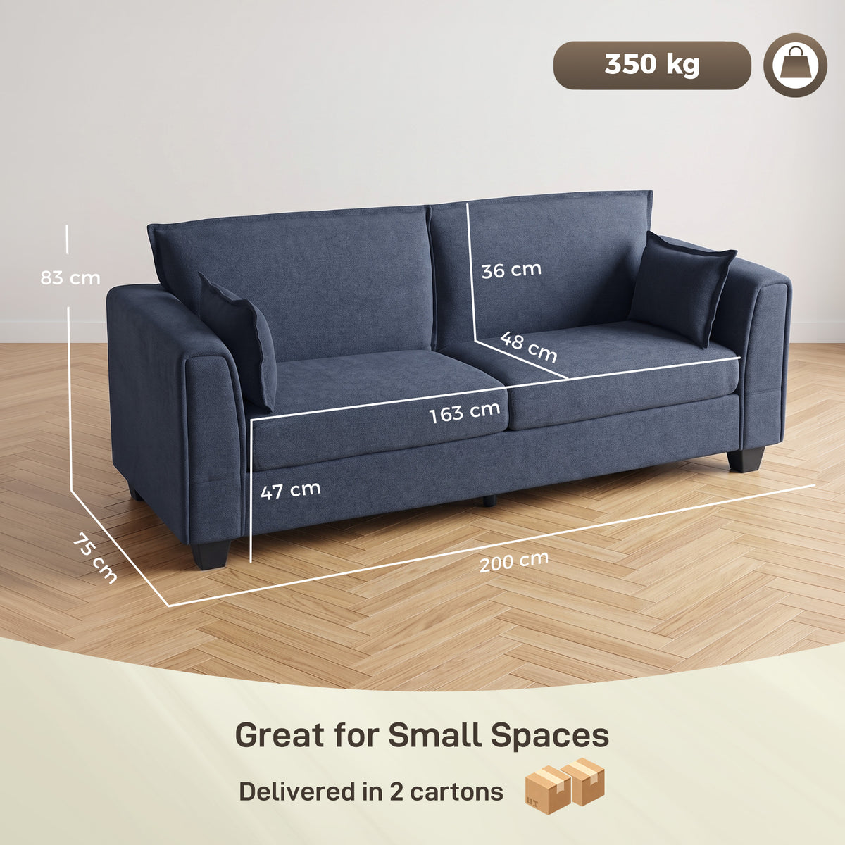 3-seat sofa with dark blue seat cushions and padded side armrests