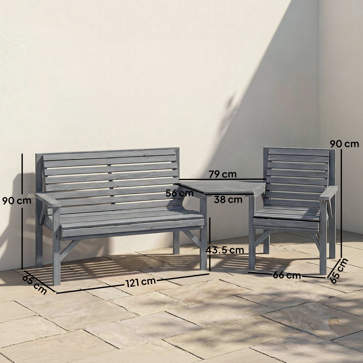 Outsunny Wooden Garden Furniture Set With Parasol Hole 1 Chair 1 Bench Detachable Table Grey Embossed Finish