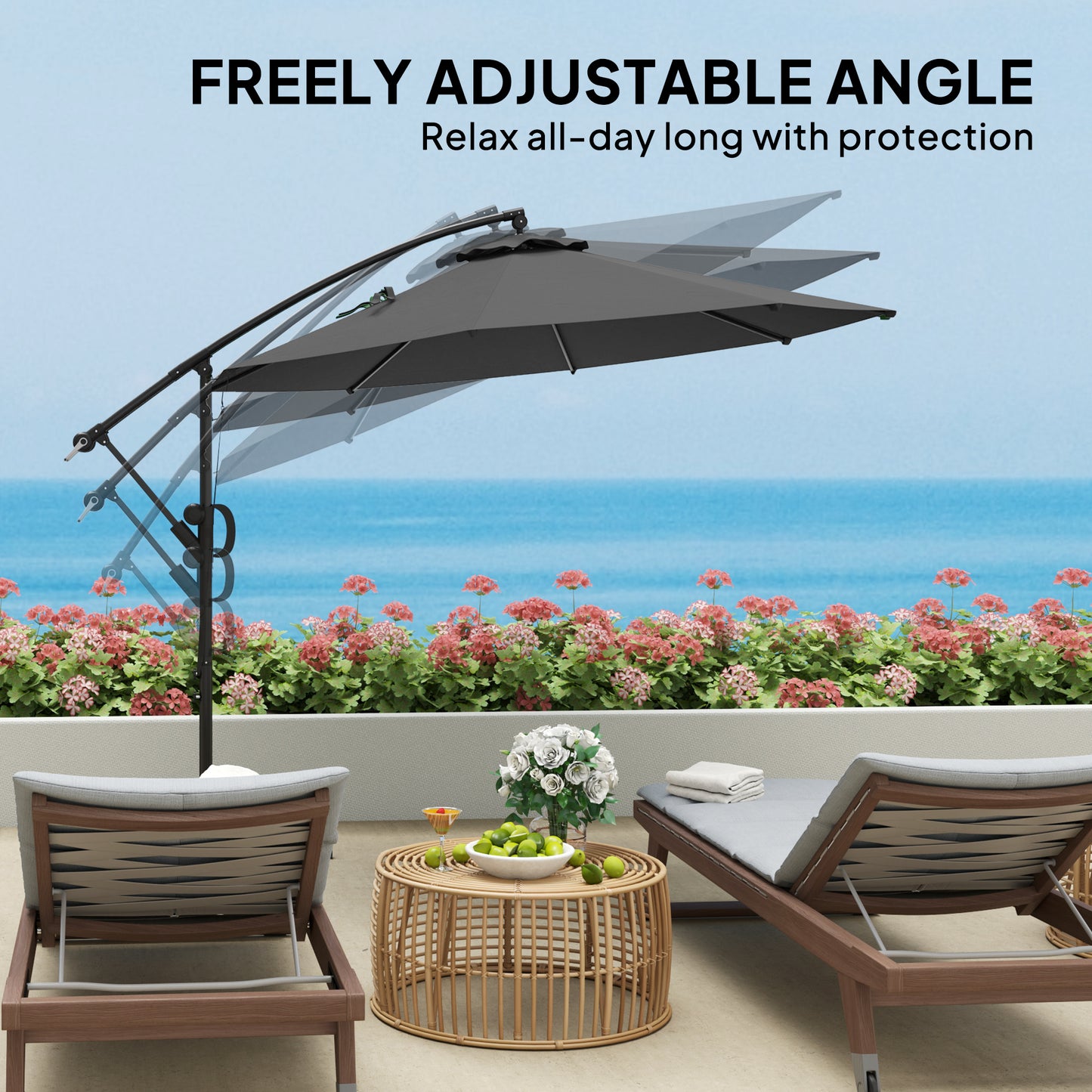 Outsunny 3m Cantilever Garden Parasol With Cover And Wind Straps Round Overhang Umbrella Crank Tilt Grey UPF50 Plus