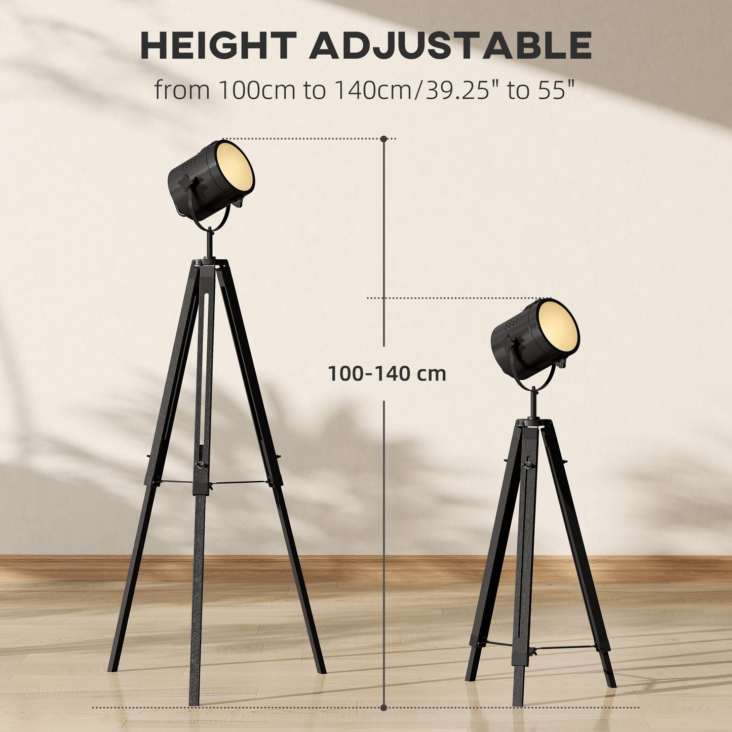 HOMCOM Industrial Tripod Floor Lamp Nautical Searchlight With Adjustable Height Wood Legs E14 Lamp Base Black