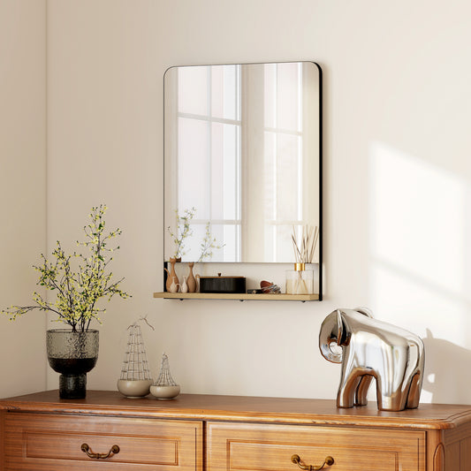 HOMCOM Wall Mirror With Wood Shelf Black Industrial Metal Frame Entryway Organizer And Decor