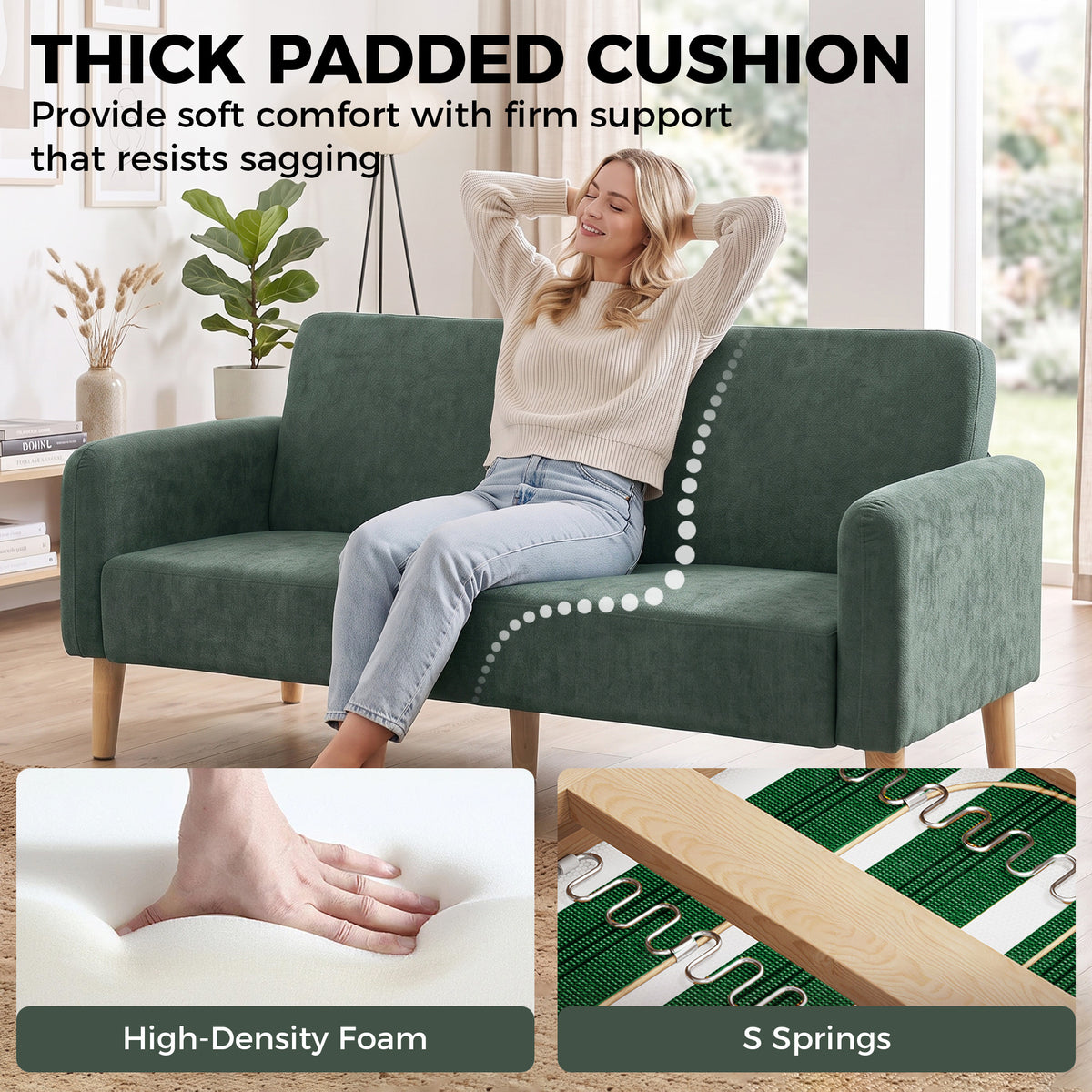 Homcom 2 Seater Velvet Sofa Small Couch With Thick Padding Dark Green