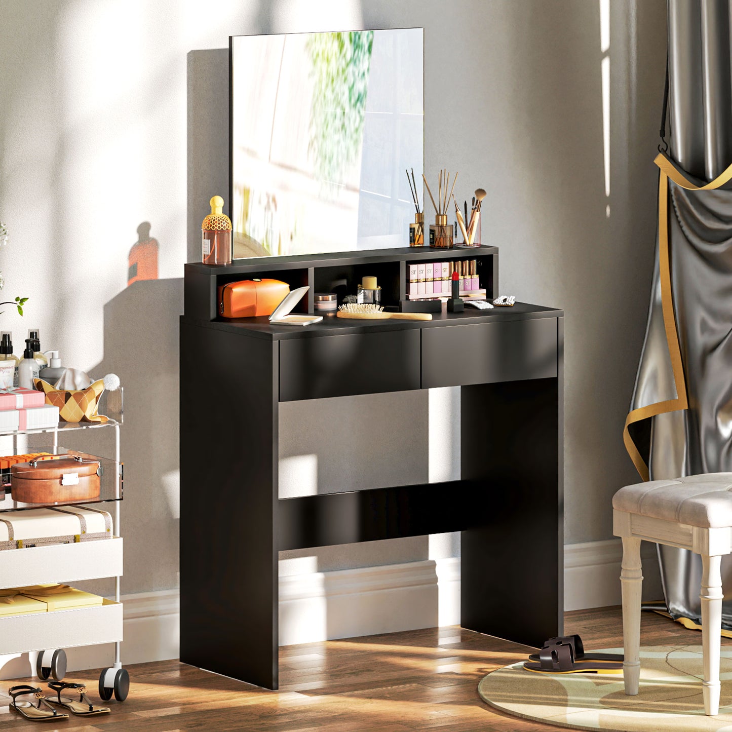 HOMCOM Multi Storage Vanity Dressing Table With Mirror And Drawers In Black With Three Shelves And Anti Tipping Straps