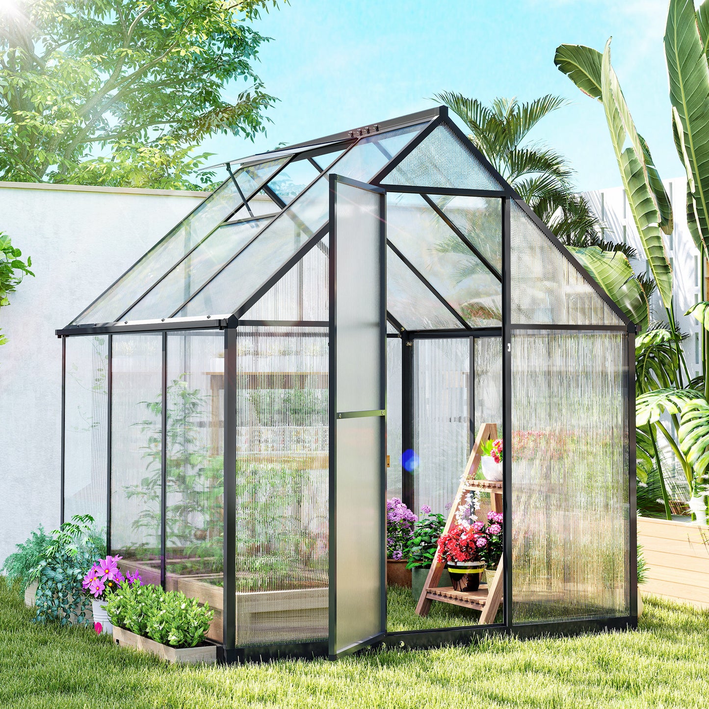 Outsunny Polycarbonate Greenhouse With Swing Door Adjustable Window Walk In Rain Gutter 5.5 By 6 Feet Black