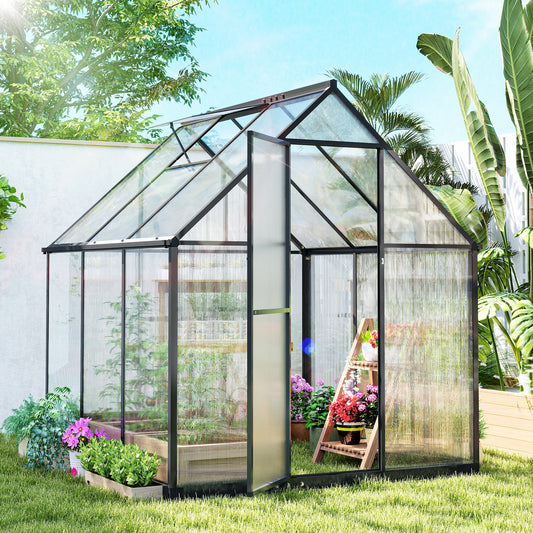 Outsunny Polycarbonate Greenhouse With Swing Door Adjustable Window Walk In Rain Gutter 5.5 By 6 Feet Black