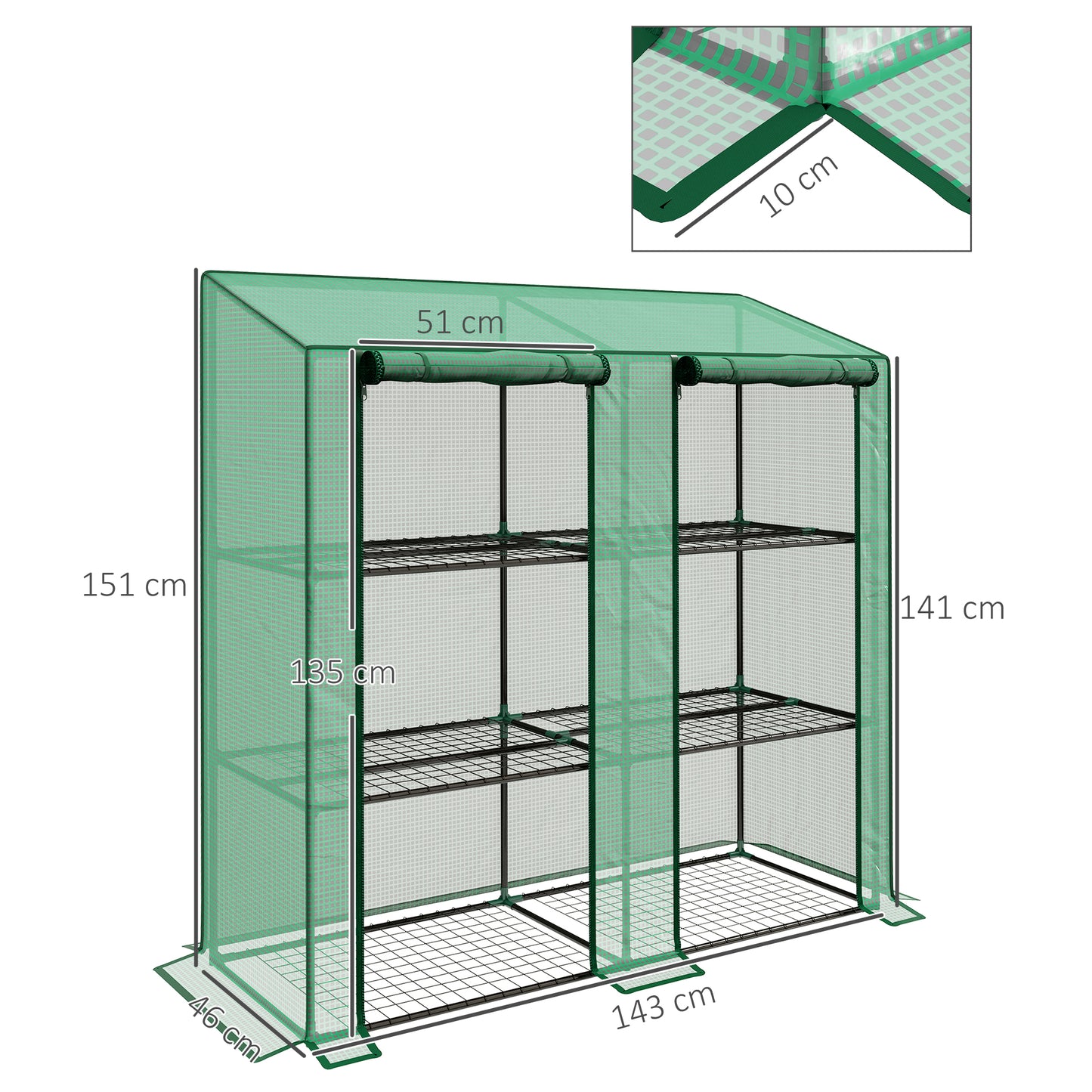 Outsunny 46 x 143cm Three Shelf Mini Greenhouse Green Plastic Garden Shelter With Roll Up Doors