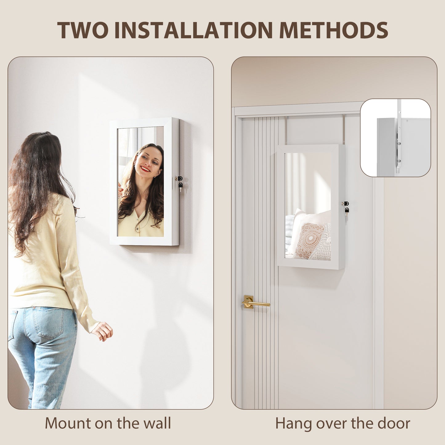 HOMCOM Jewelry Cabinet With Mirror White, Wall Mount Or Over The Door Jewelry Storage With Lock