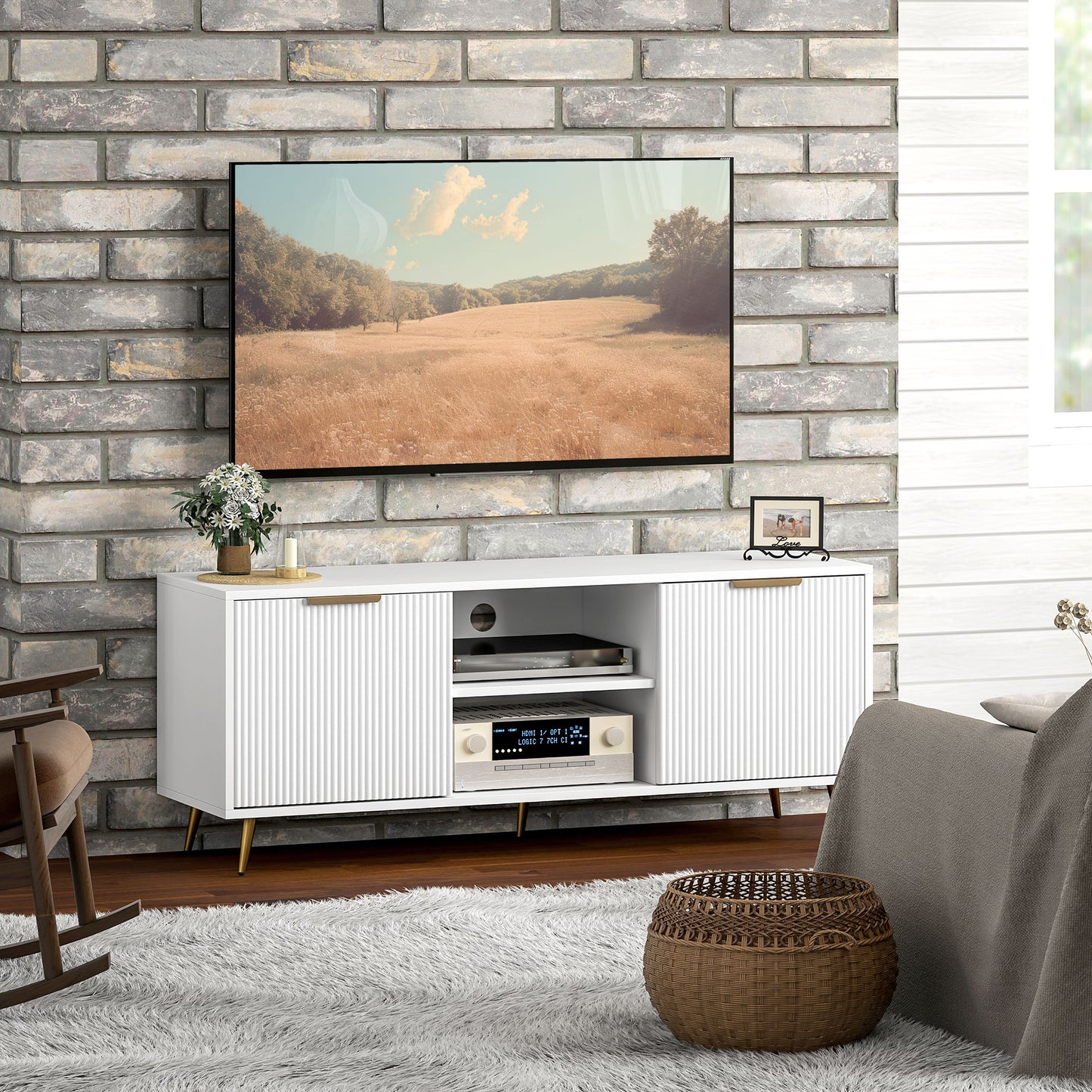 HOMCOM Modern TV Stand For 55 Inch TVs White Entertainment Center With 2 Cabinets Open Shelves Cable Management