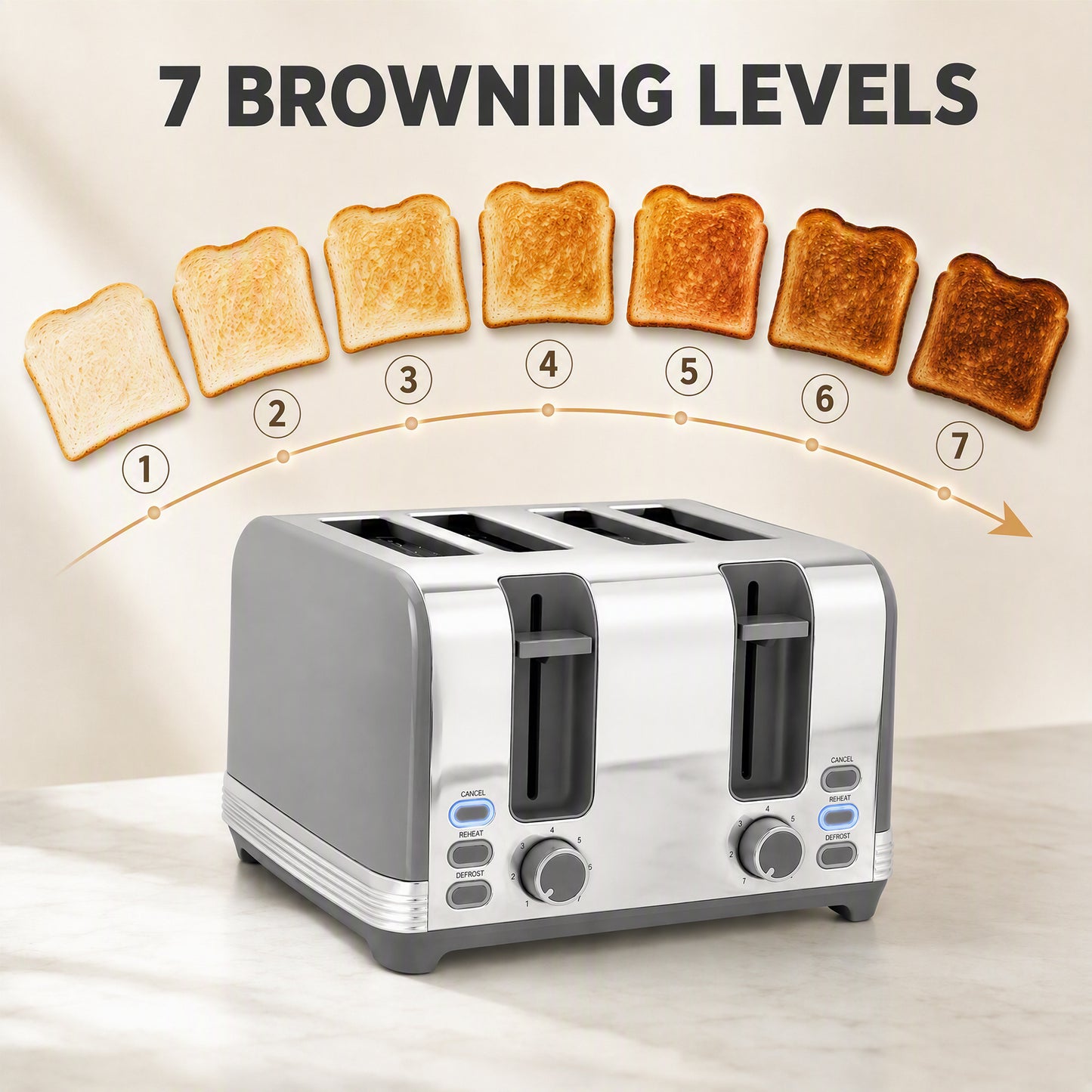 HOMCOM Grey Kettle And Toaster Set 1.7L Fast Boil 3000W 4 Slice Cordless Stainless