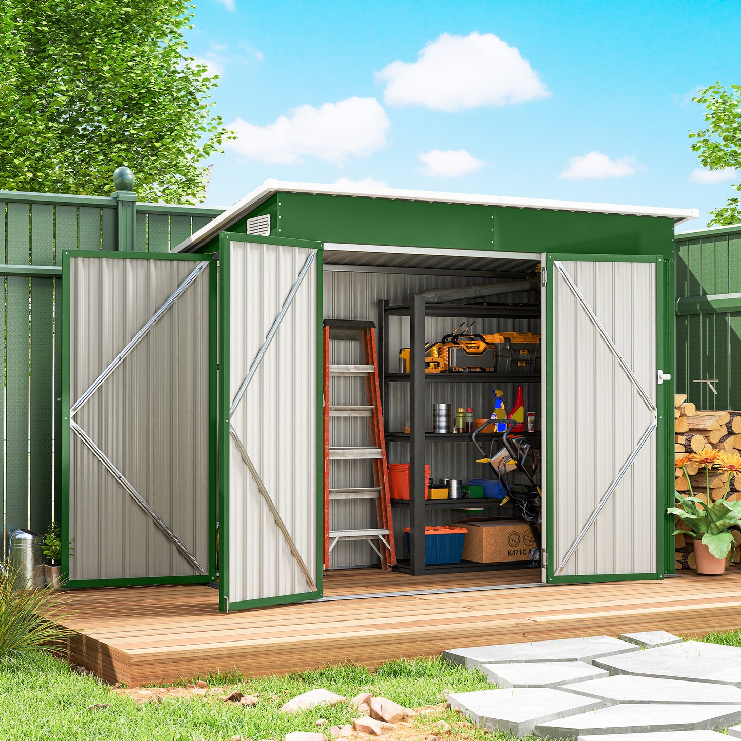 Outsunny 7.5 x 4.3 ft Metal Garden Storage Shed Waterproof Outdoor Shed With Triple Lockable Doors Green