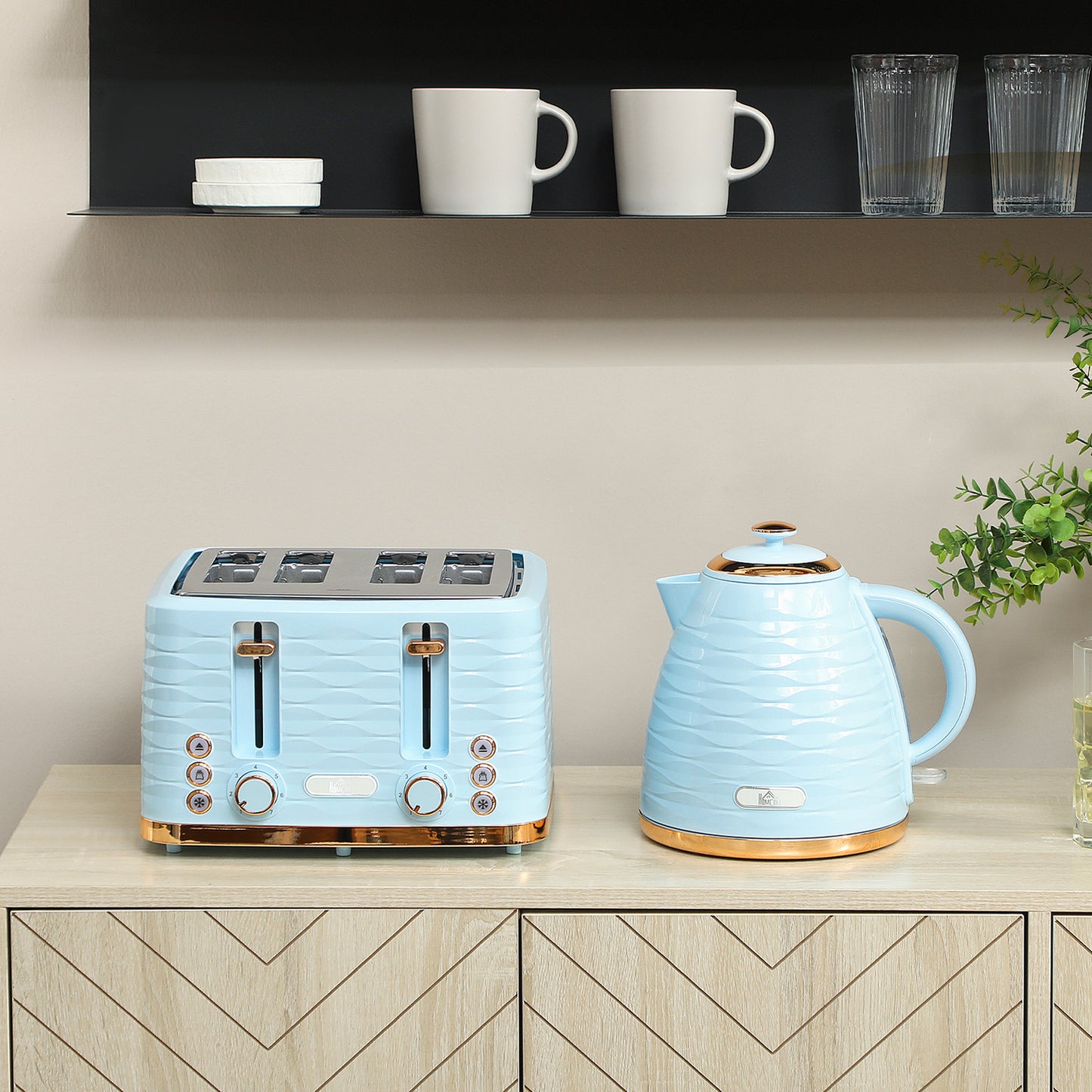 HOMCOM 3000W Kettle and 4 Slice Toaster Set with 7 Browning Levels Crumb Tray Light Blue