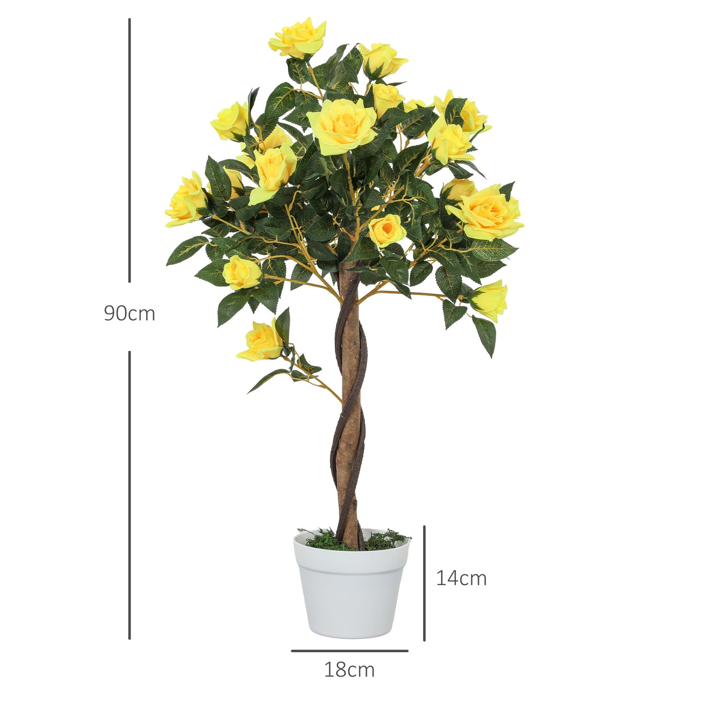 Outsunny Set of 2 Artificial White Rose in Pot Realistic Fake Plants for Home Indoor Decor 90cm Yellow