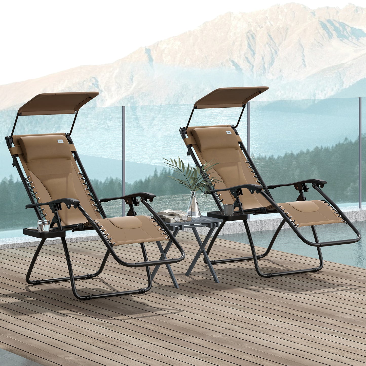 Outsunny Zero Gravity Lounger Chair Set Of 2 Folding Reclining Chairs With Shade Cover Cup Holder For Poolside Camping