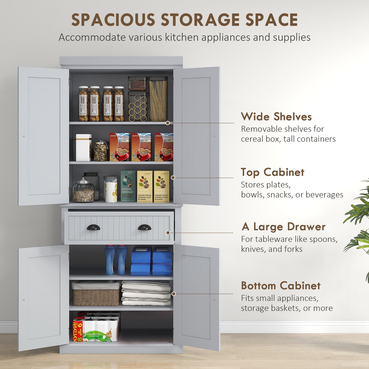 HOMCOM Multi Storage Mid Century Pantry Kitchen Cabinet Grey With 4 Doors And 3 Adjustable Shelves