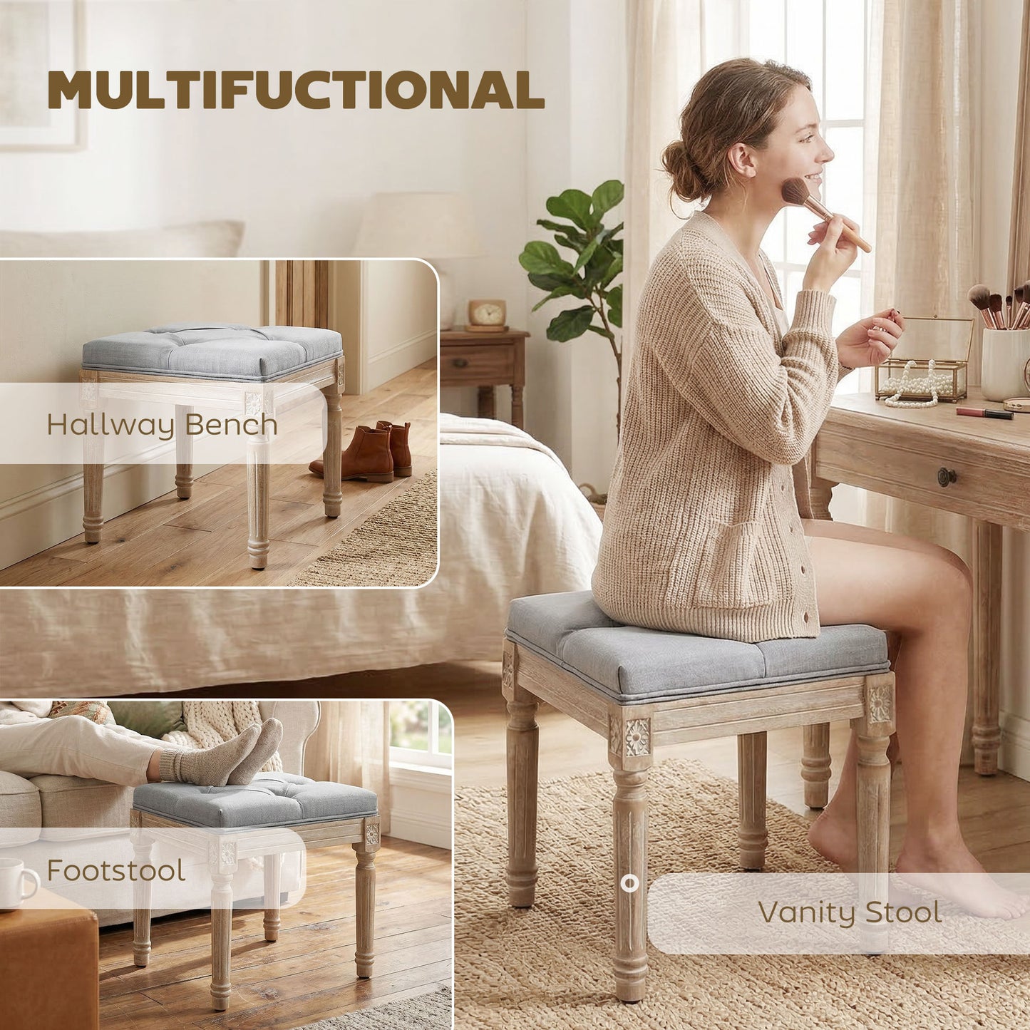 HOMCOM Vintage Foot Stool With Tufted Square Seat And Wood Legs In Light Grey Soft Cushioned Comfort