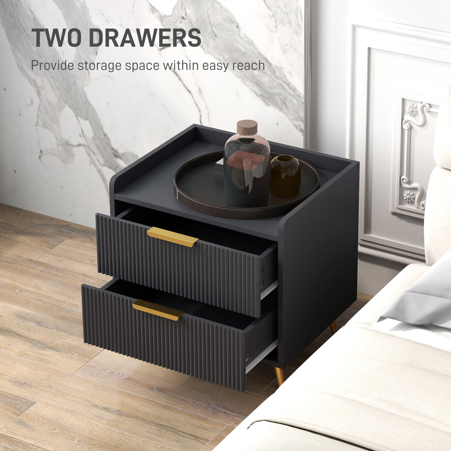 HOMCOM Elegant Two Drawer Bedside Table Set Of Two In Black With Ridged Fronts And Gold Tone Handles