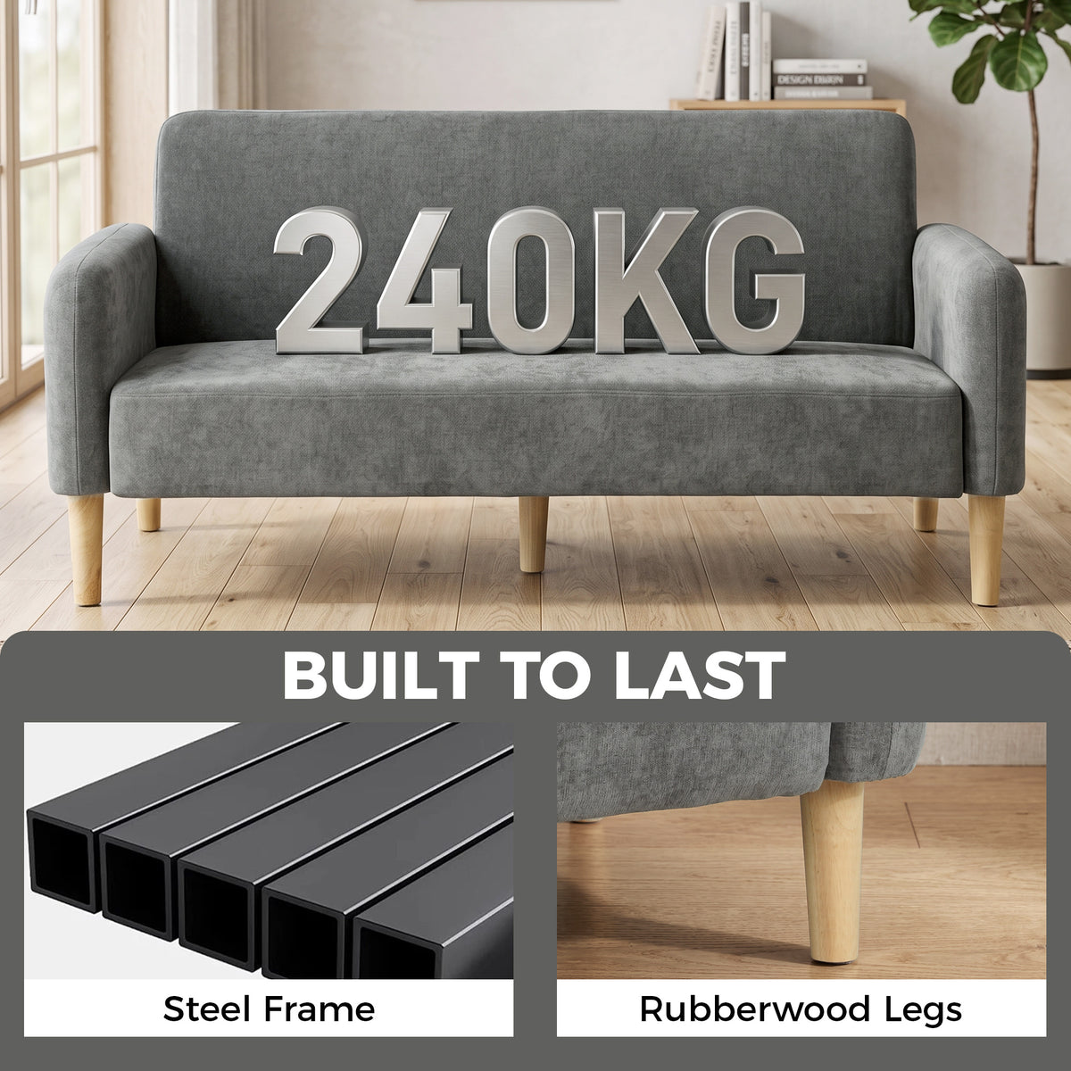 HOMCOM Compact 2 Seater Grey Velvet Sofa With Thick Padding