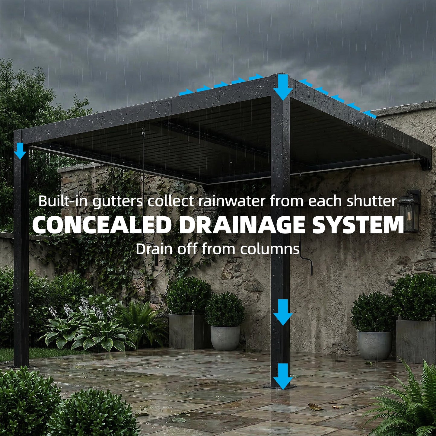 Outsunny 3 By 3 M Louvered Pergola With LED Lights Wall Mounted Aluminium Patio Gazebo Dark Grey