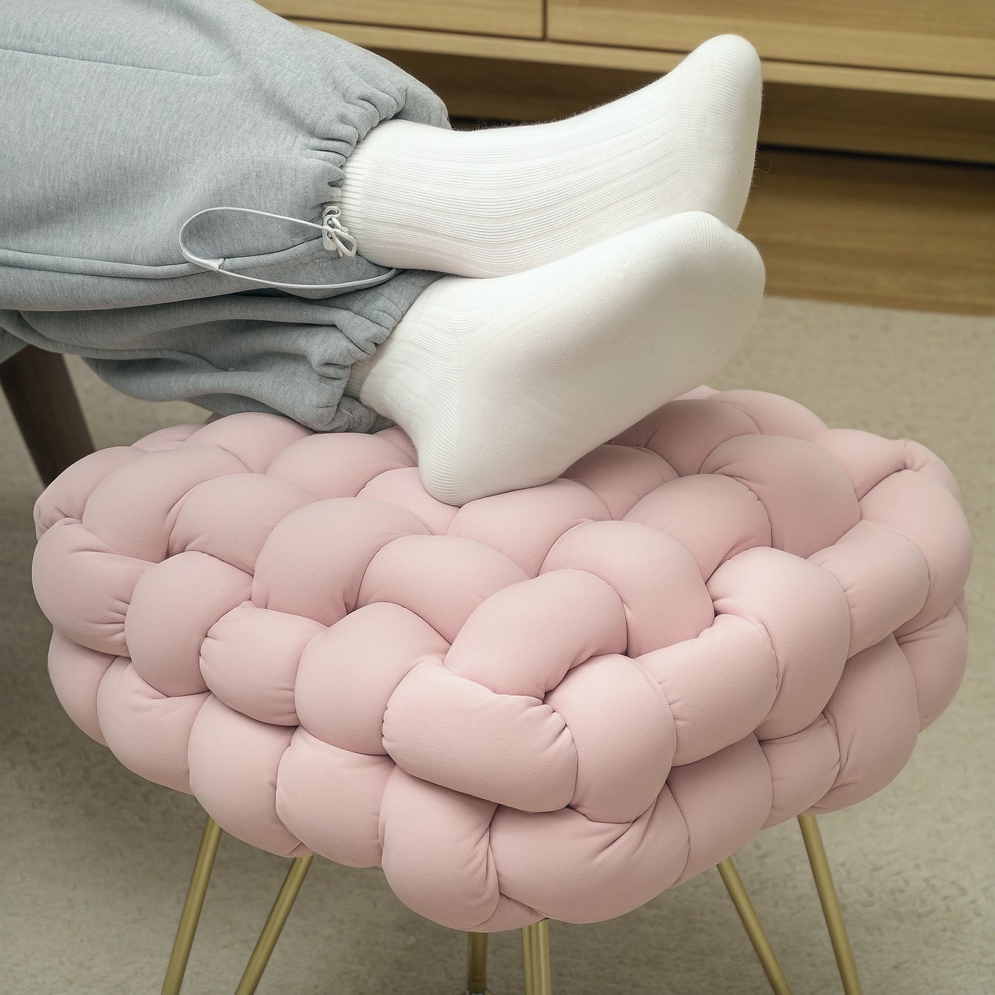 HOMCOM Velvet Feel Bold Cross Woven Footstool Pink for Living Room Bedroom Hallway and Office