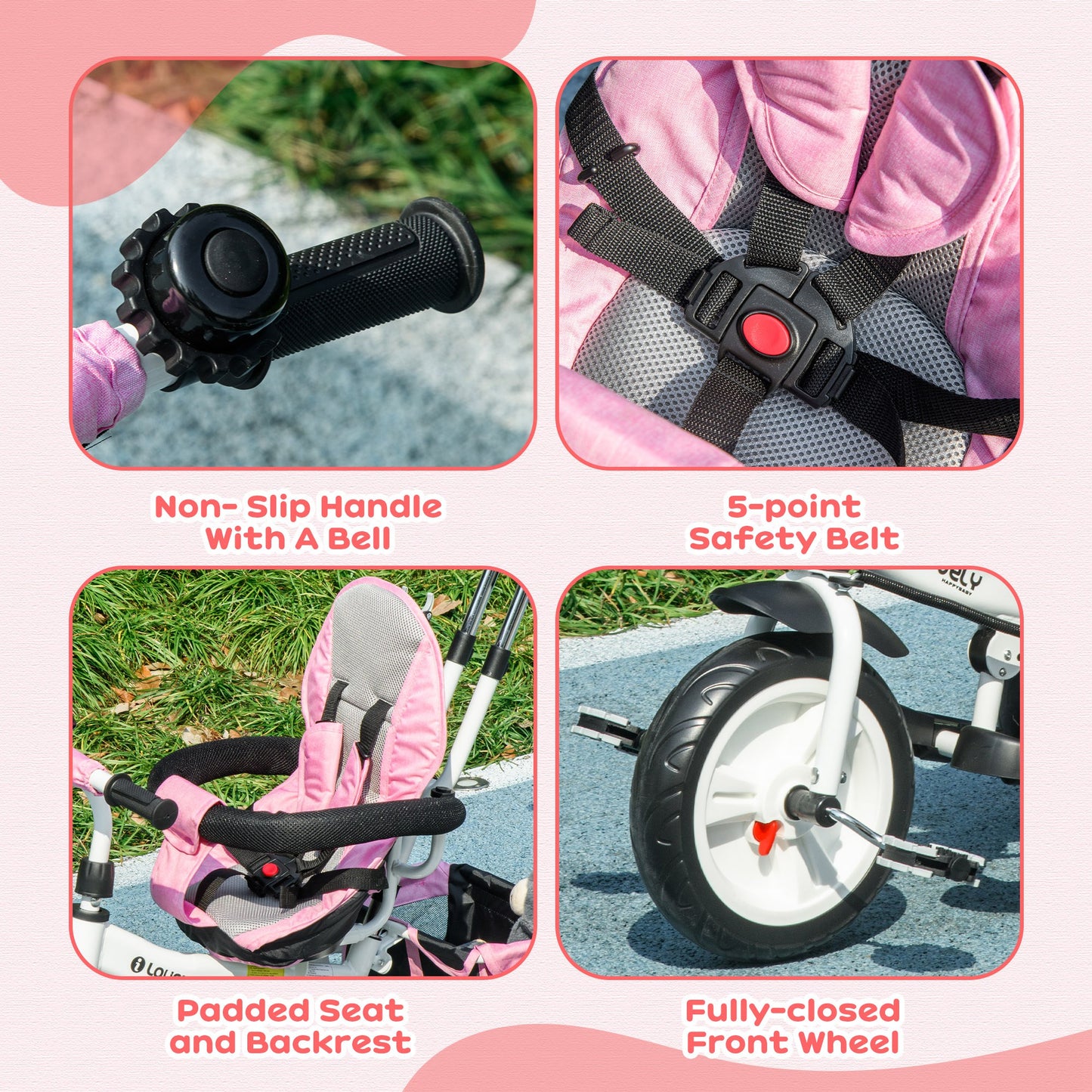 HOMCOM Pink 4-in-1 Convertible Trike with Push Handle, Canopy, Safety Belt, and Storage for Toddlers Ages 1-5 - ALL4U RETAILER LTD