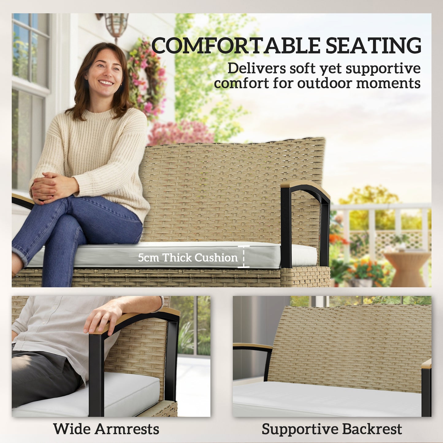 Outsunny 125L Garden Storage Bench Two Seater PE Rattan Outdoor Storage Box With Padded Cushion Khaki