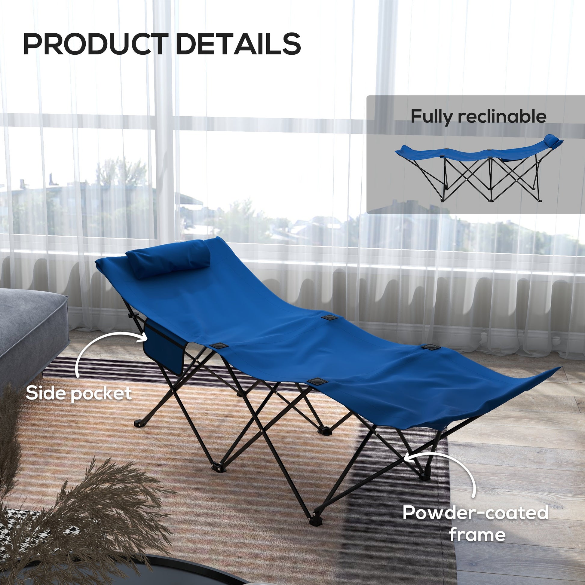 Outsunny Foldable Dark Blue Outdoor Recliner with Headrest and Side Pocket - Portable Sun Lounger - ALL4U RETAILER LTD