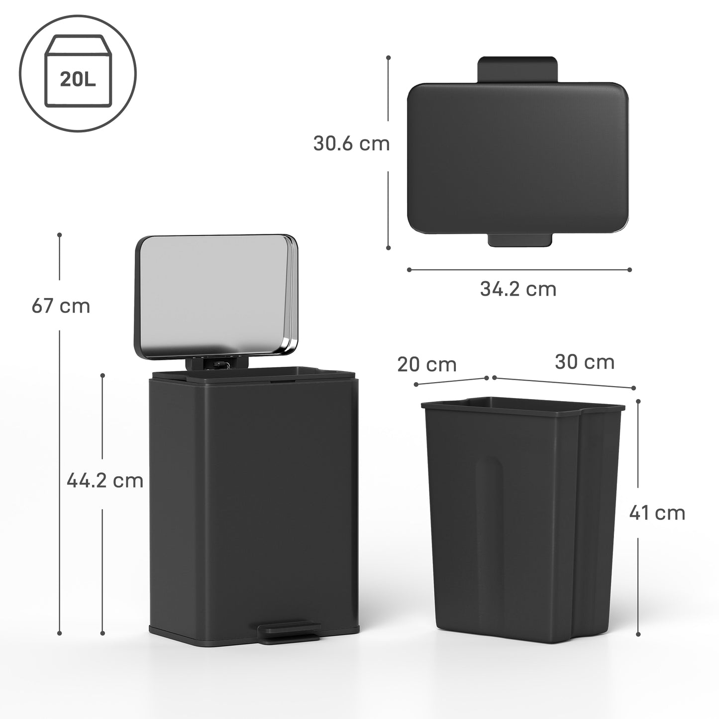 HOMCOM 20L Stainless Steel Pedal Bin With Soft Close Lid Stay Open Function Matte Black Removable Inner Bucket