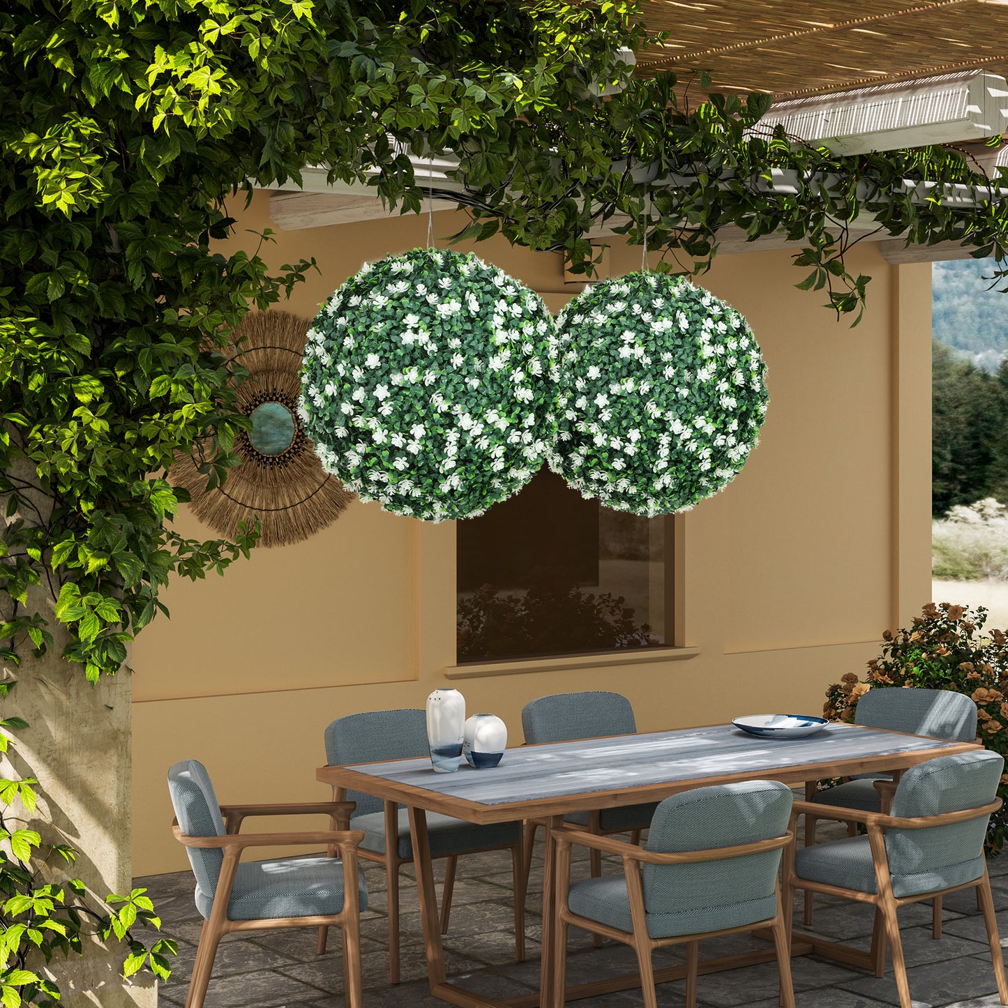 HOMCOM Set of Two Artificial Boxwood Balls White for Indoor or Outdoor Decor Realistic Thick Plastic