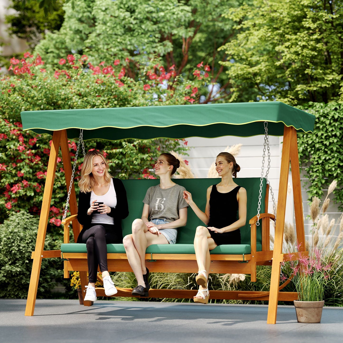 Outsunny 3 Seater 2 In 1 Wooden Garden Swing Seat Outdoor Convertible Hammock Bench Lounger Bed Dark Green