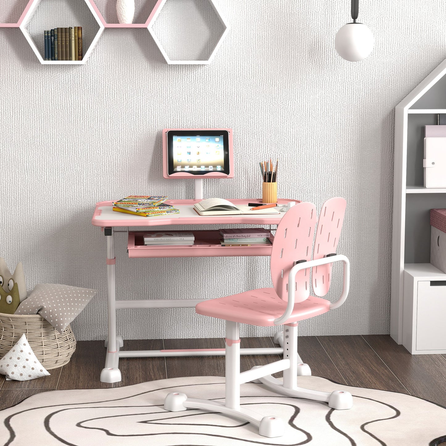 Adjustable Pink Kids Study Desk and Chair Set with Tilted Top for Healthy Posture