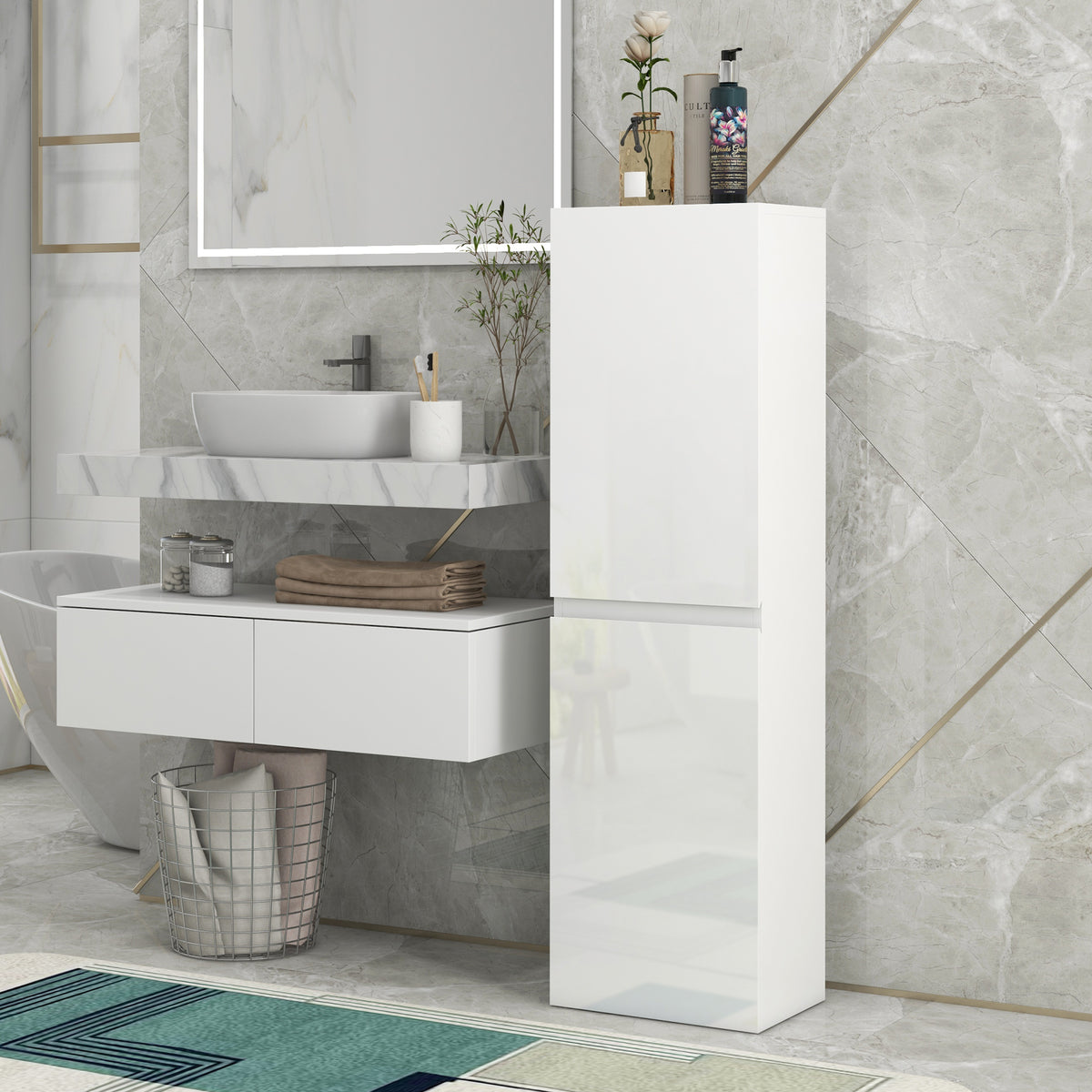 Tall white bathroom cabinet with 2 doors and high-gloss finish, floor standing