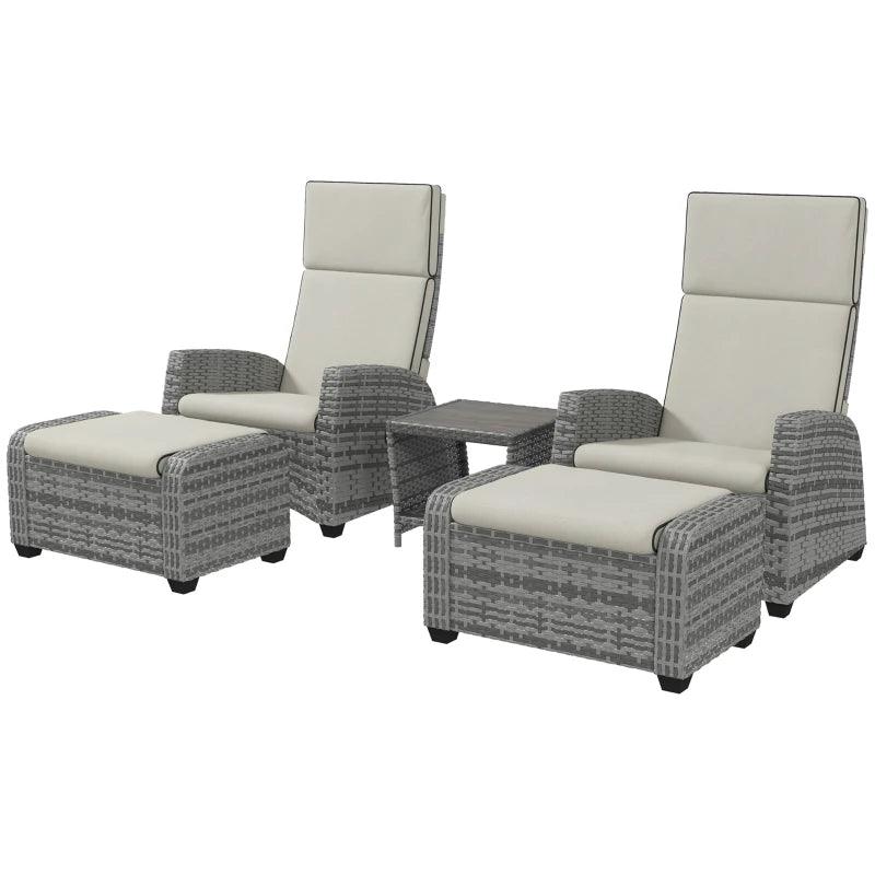 Outsunny 5-Piece Rattan Patio Reclining Chair Set with Footstools, Coffee Table, Cushions - Outdoor Garden Furniture in Grey - ALL4U RETAILER LTD