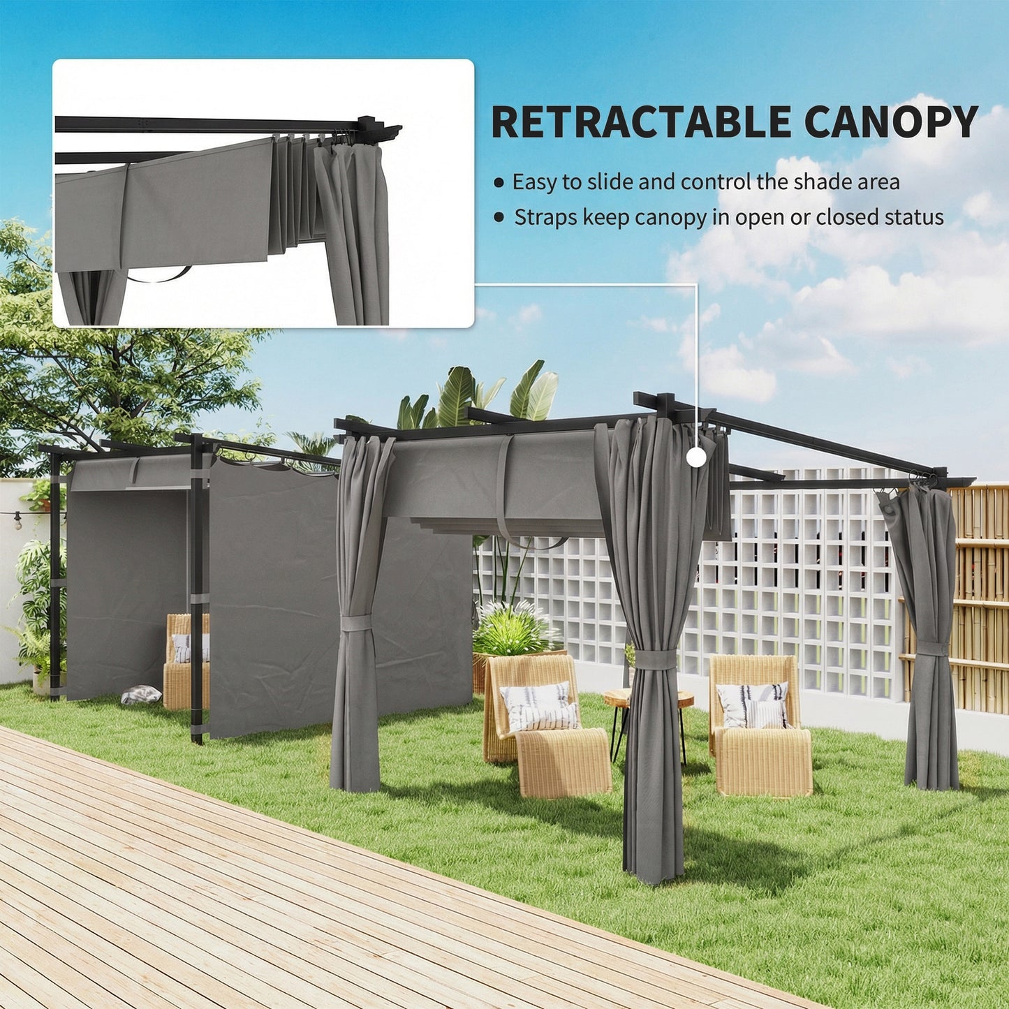Outsunny 3 X 3 M Retractable Roof Pergola With Curtains Light Grey Outdoor Shade