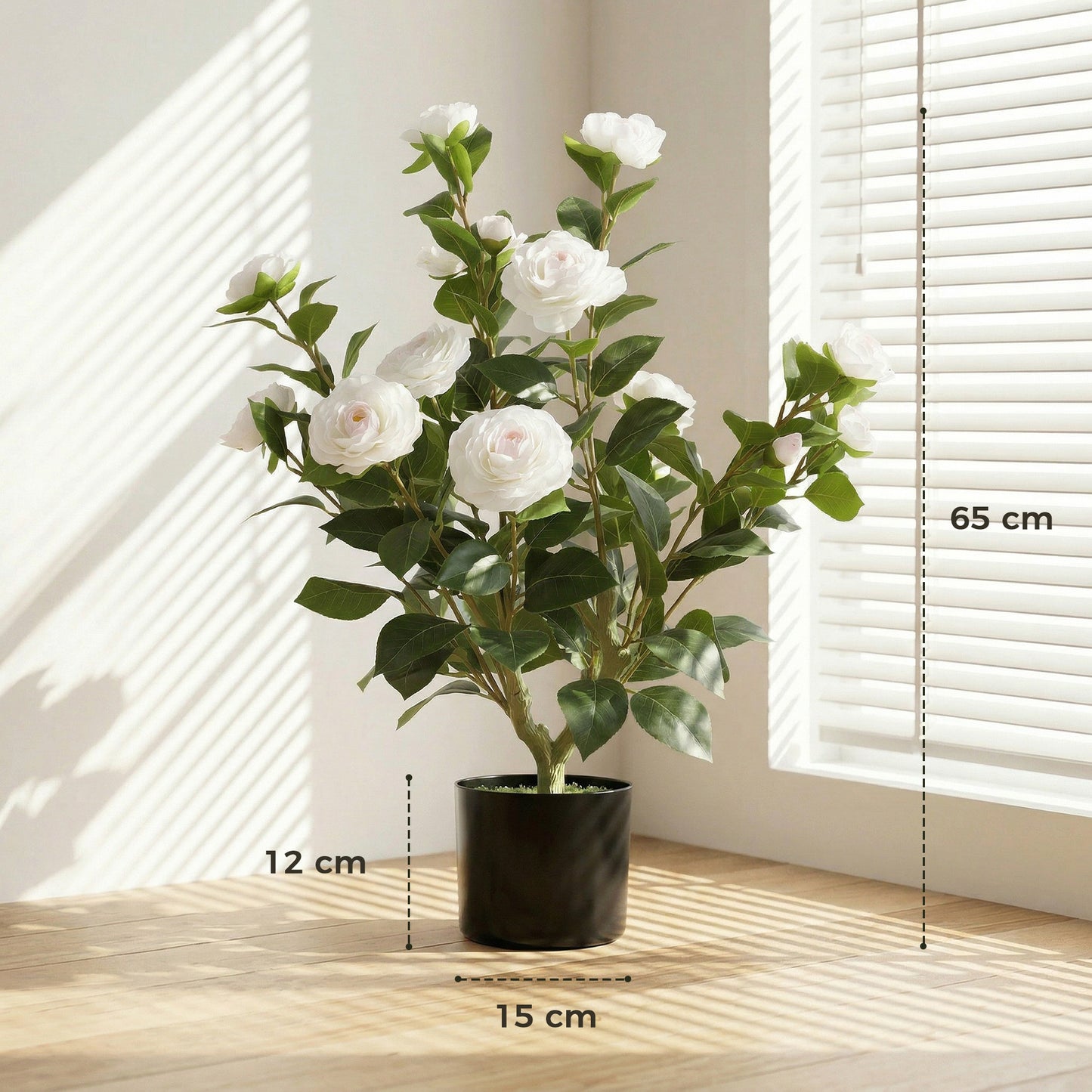 HOMCOM 65cm Artificial Camellia Plant In Pot With 116 Lush Leaves Silk Blossoms And Moss Effect Base White