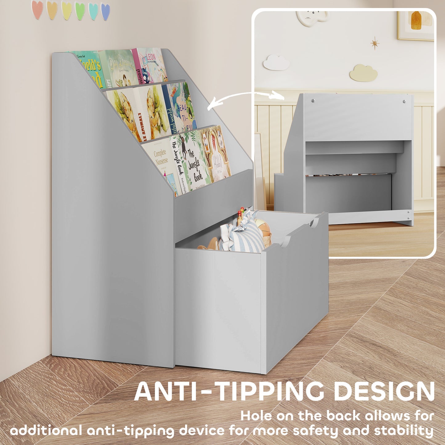 AIYAPLAY Kids Bookcase With Three Shelves And Drawer On Wheels In Grey For Bedroom And Playroom