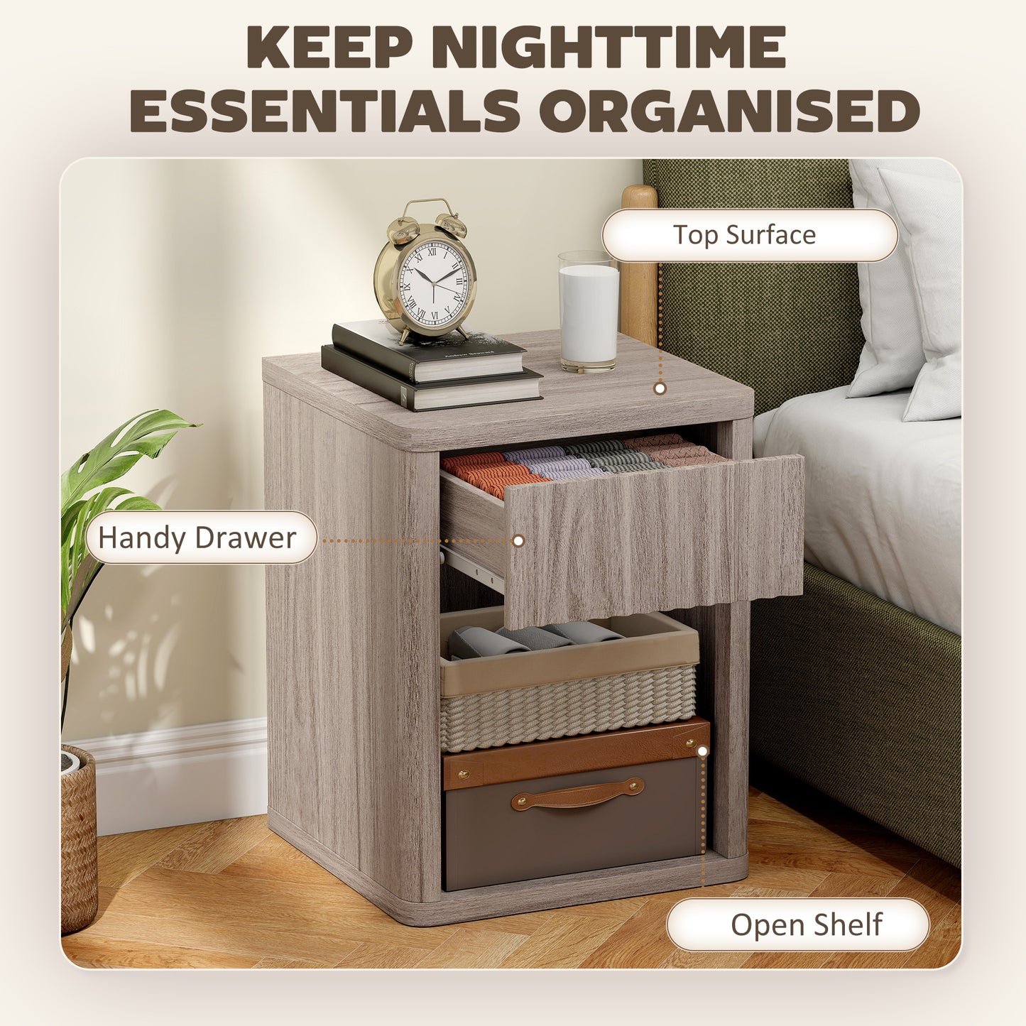 HOMCOM Modern Bedside Table Set of 2 With Drawer and Open Shelf Nightstands for Bedroom Oak Finish