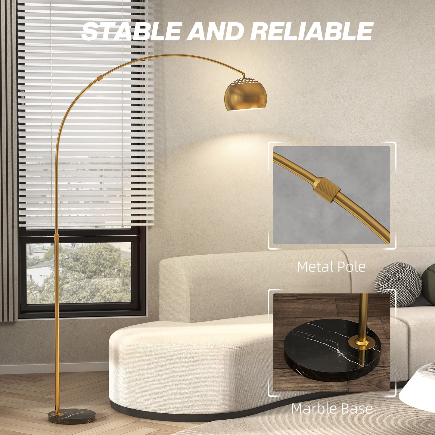 Homcom 167cm Arc Floor Lamp In Gold Tone With Faux Black Marble Base And Bell Shade, Adjustable Foot Switch Living Room