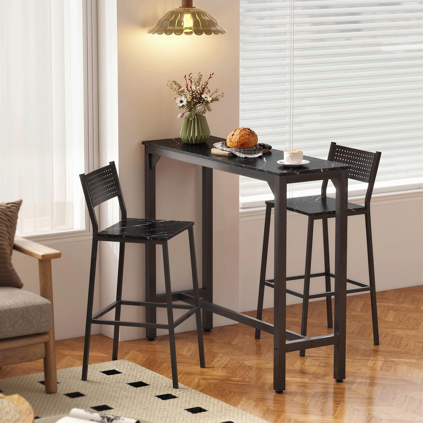 HOMCOM Rectangular Bar Table Marble Effect Pub Coffee Table For Small Spaces Breakfast Dining Black Marble