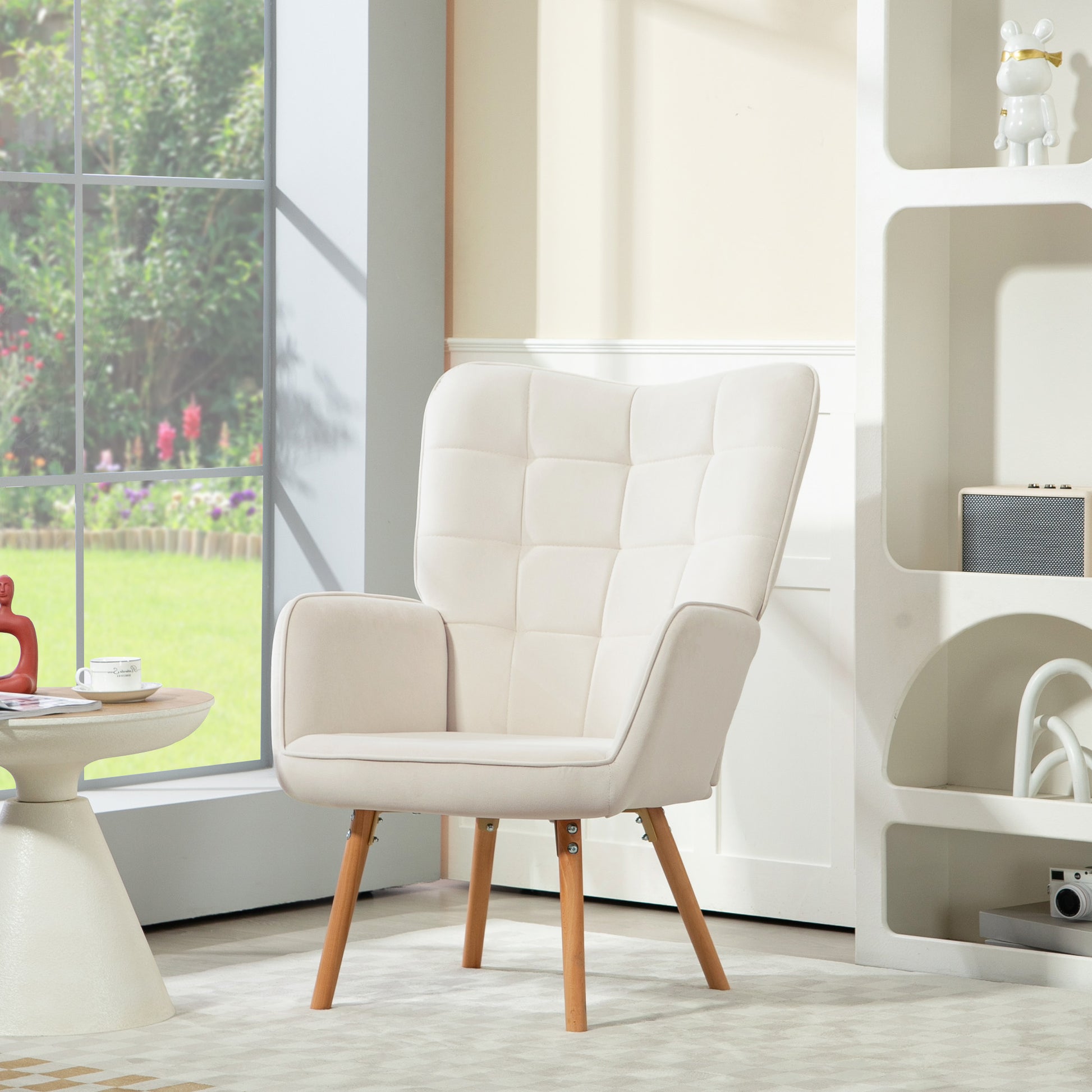 HOMCOM Contemporary Cream Velvet Wingback Accent Chair with Wooden Legs - ALL4U RETAILER LTD