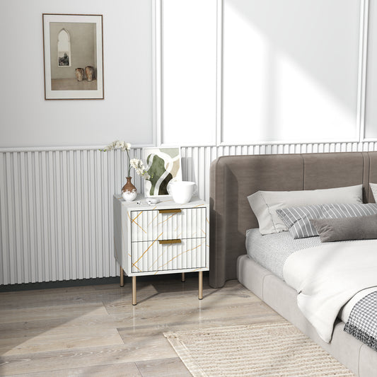 HOMCOM Marble Pattern Two Drawer Bedside Table in White With Fluted Drawers and Gold Accents