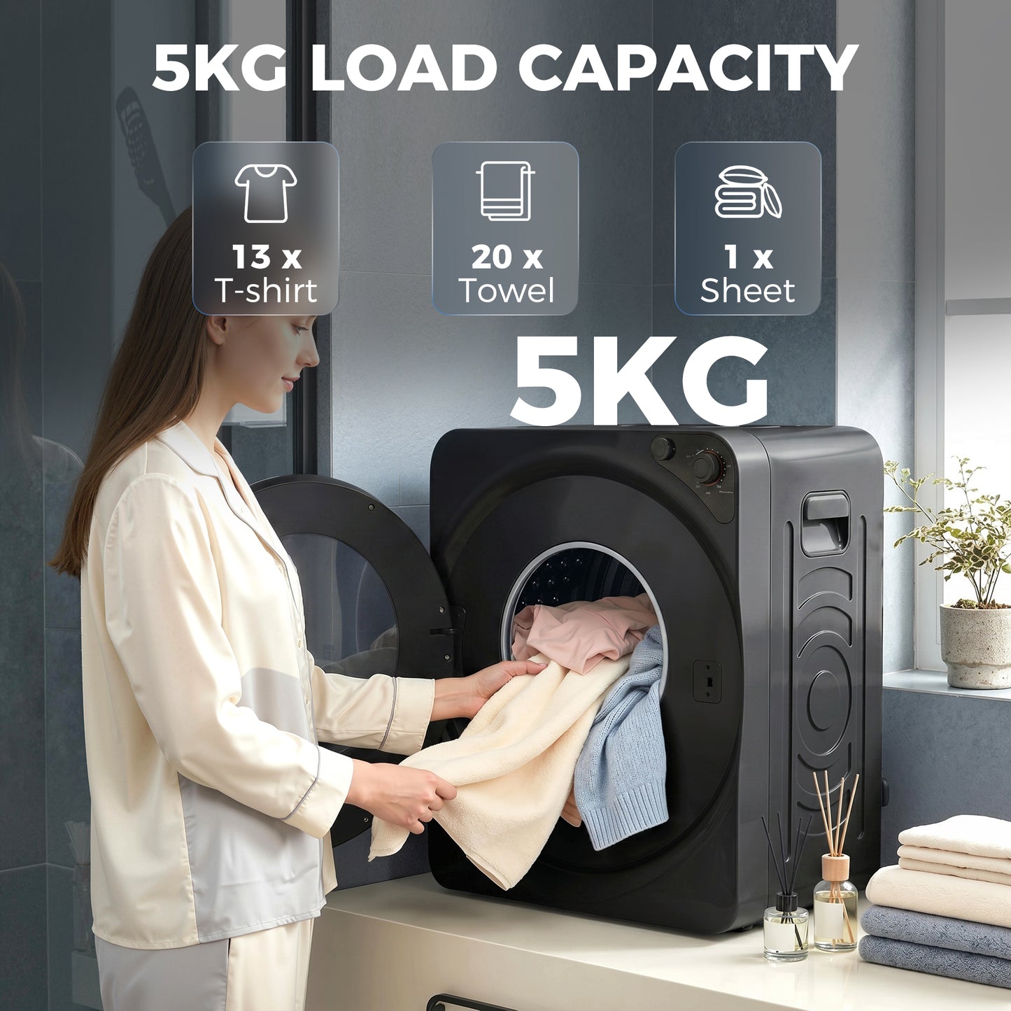 HOMCOM 5 Kg Vented Tumble Dryer 1000W Compact Stackable With 5 Drying Modes Stainless Steel Drum Black