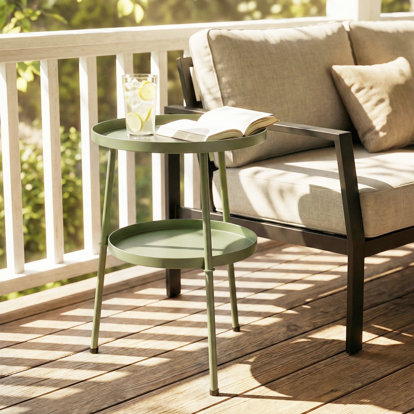 Outsunny 2 Tier Round Coffee End Table Patio Side Table For Garden Balcony Living Room Bedroom Light Green