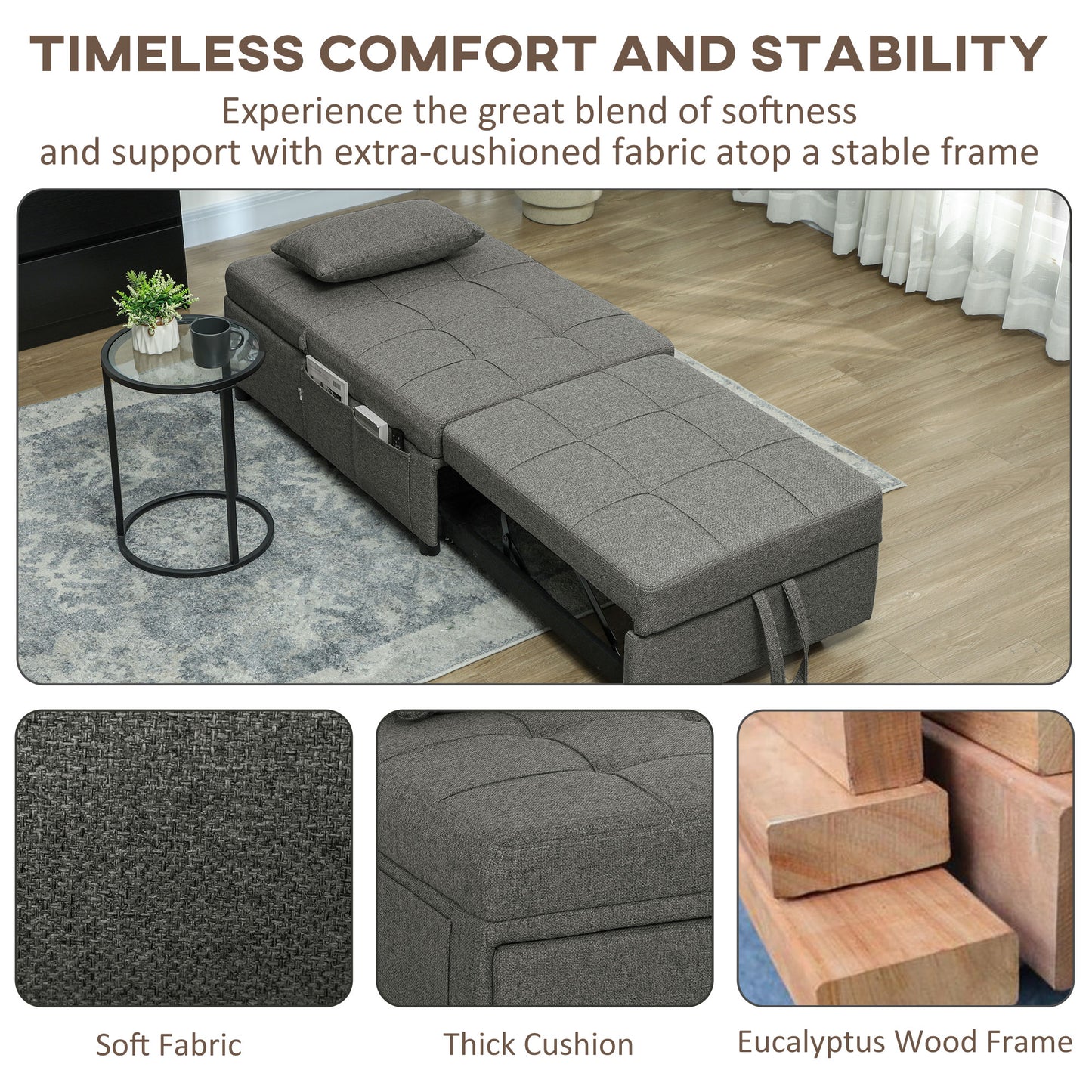 HOMCOM Four In One Sleeper Chair Bed With Recliner Chaise Lounge And Footrest 182cm Grey
