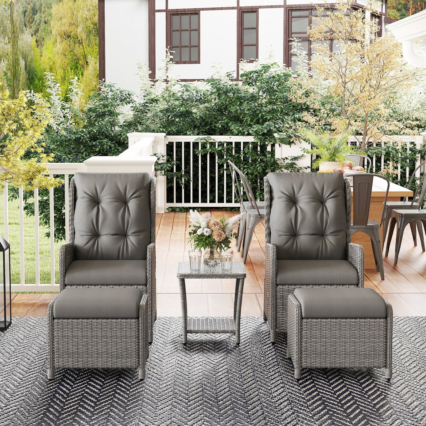 Outsunny 5 Piece Rattan Bistro Set Adjustable Back Reclining Wicker With Cushions Glass Top Table Light Grey