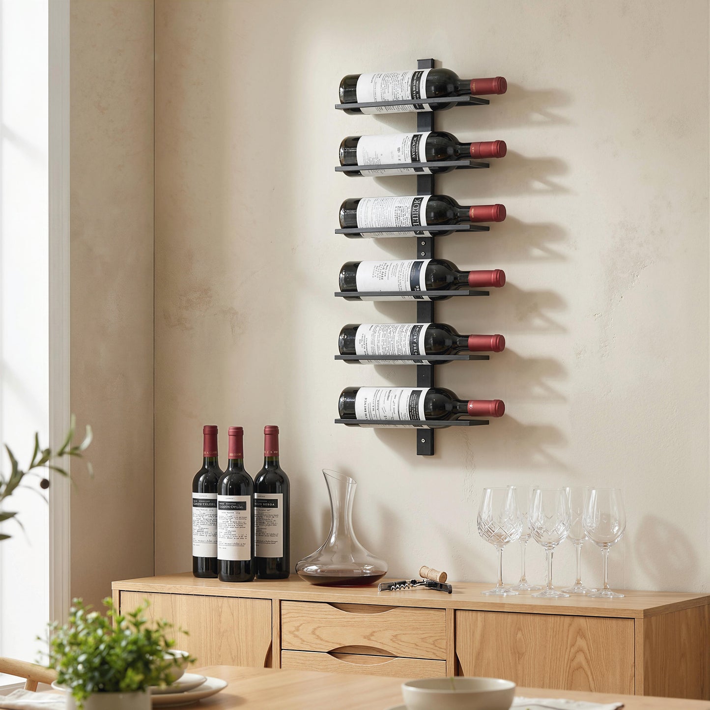 HOMCOM Wall Mounted 6 Tier Metal Wine Rack Storage Display For Kitchen Black Ideal Space Saving Wall Organizer