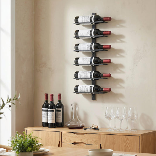 HOMCOM Wall Mounted 6 Tier Metal Wine Rack Storage Display For Kitchen Black Ideal Space Saving Wall Organizer